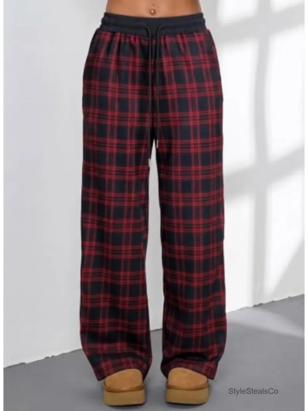Wide Leg Sweatpants with Pockets Plaid Lounge Pants High Waisted Drawstring